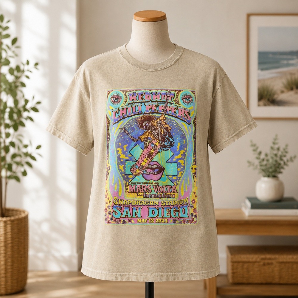 Red Hot Chili Peppers 2023 San Diego Tour Shirt Mars Volta Thundercat Tan Large